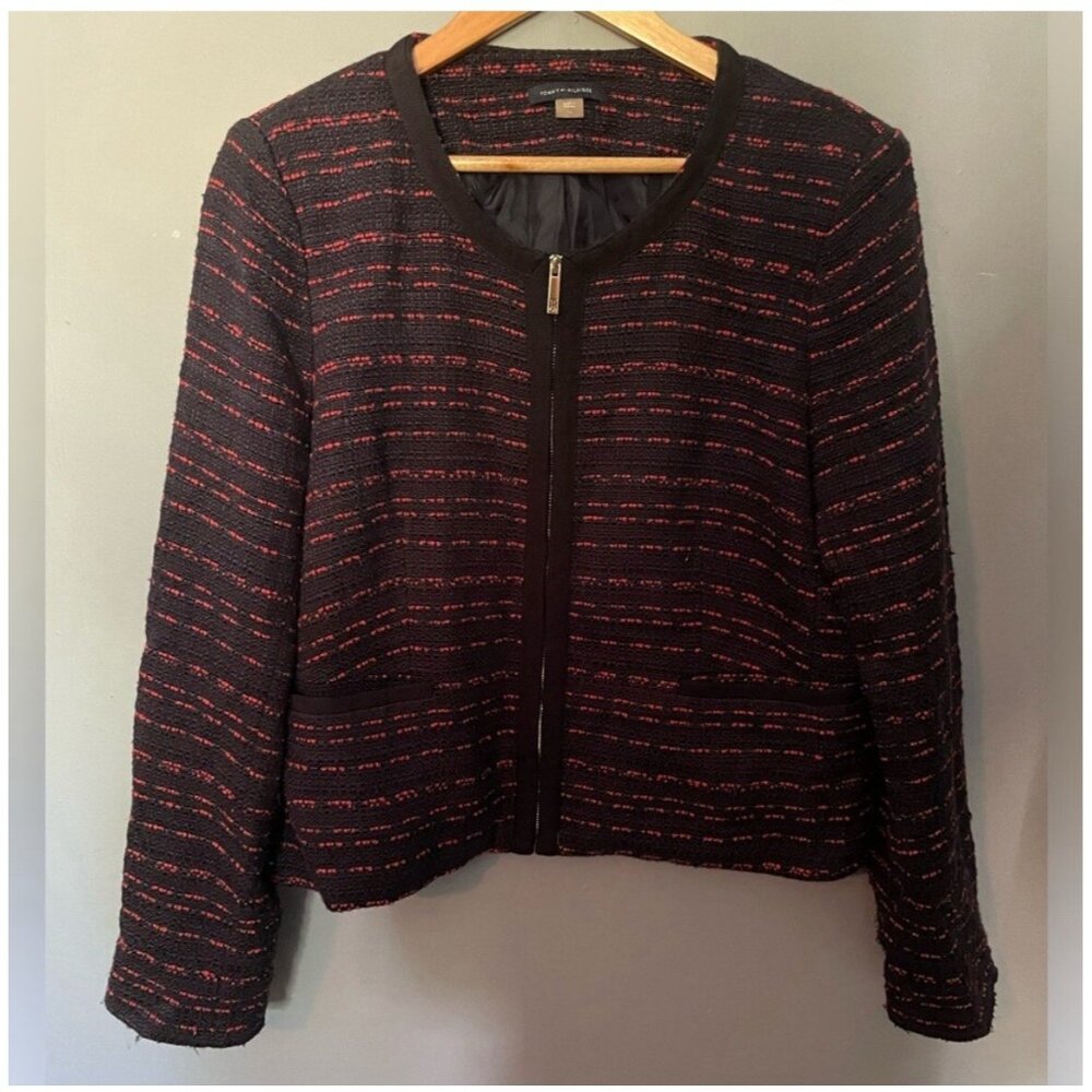 Tommy Hilfiger Women's Tweed Lined Blazer Size 16 Navy and Red – VG